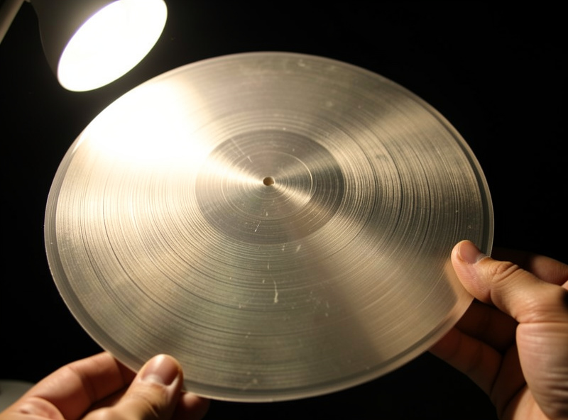 Used vinyl record tilted under a raking desk lamp to reveal surface hairlines before grading for sale