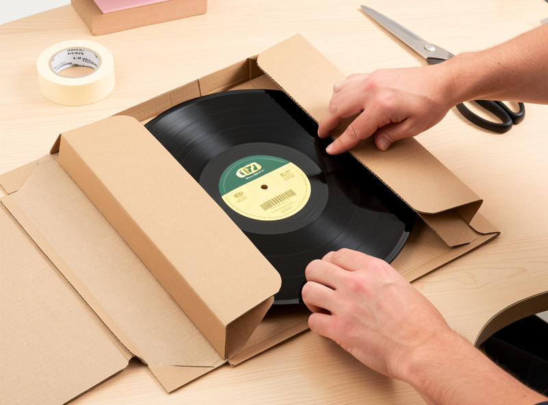 Vinyl record being slid into a rigid cardboard mailer with stiffeners for shipping to an online buyer