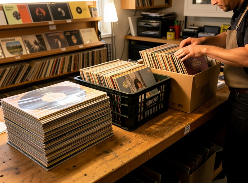Vinyl records sorted into list, fair crate, and bulk piles on a workbench before being prepared for sale