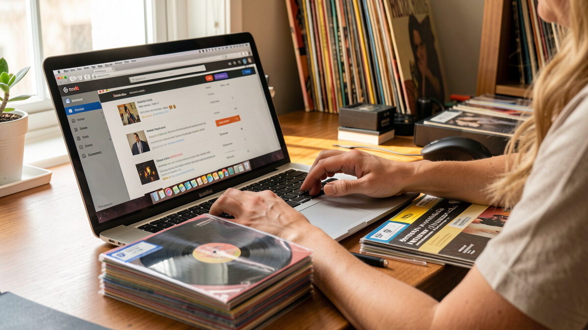 Person listing graded vinyl records for sale on a laptop with record sleeves beside the keyboard