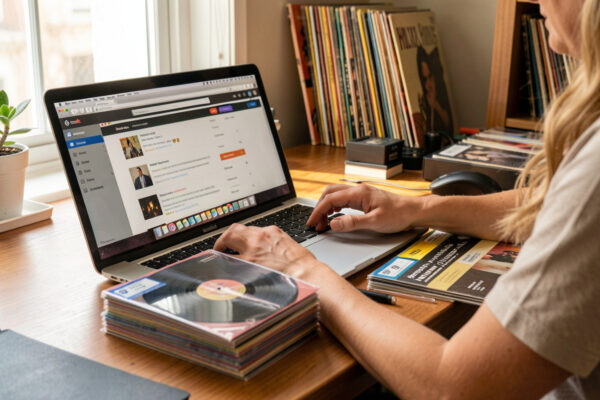 Person listing graded vinyl records for sale on a laptop with record sleeves beside the keyboard