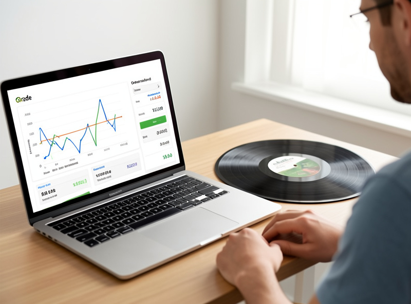 Discogs-style price history and grade fields being used to price a used vinyl record listing on a laptop