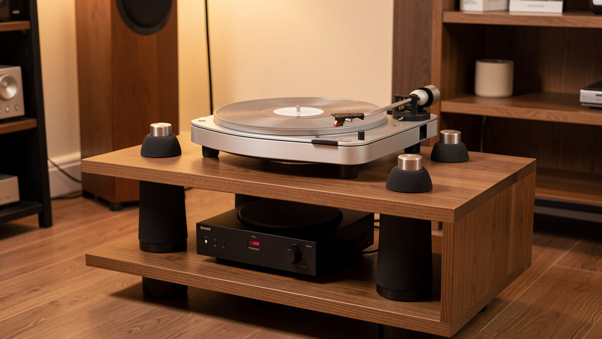 Turntable resting on four sorbothane isolation feet