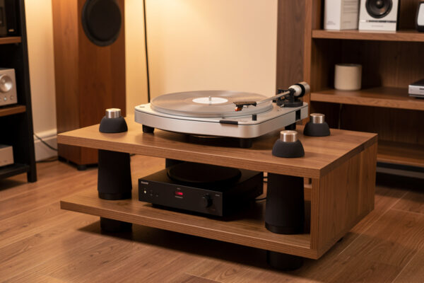 Turntable resting on four sorbothane isolation feet