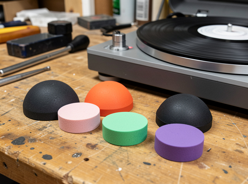 Sorbothane hemisphere feet and pucks of different durometers on a workshop bench