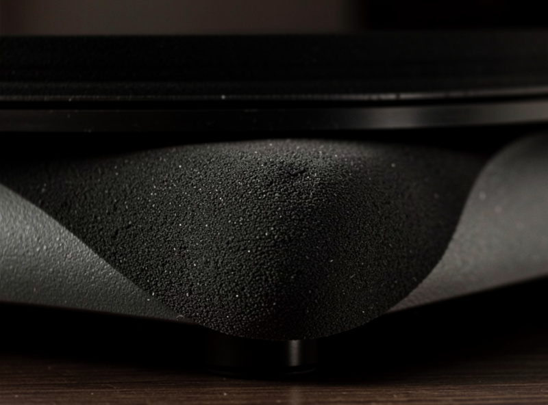 Sorbothane feet supporting the corners of a turntable plinth, slightly compressed under load