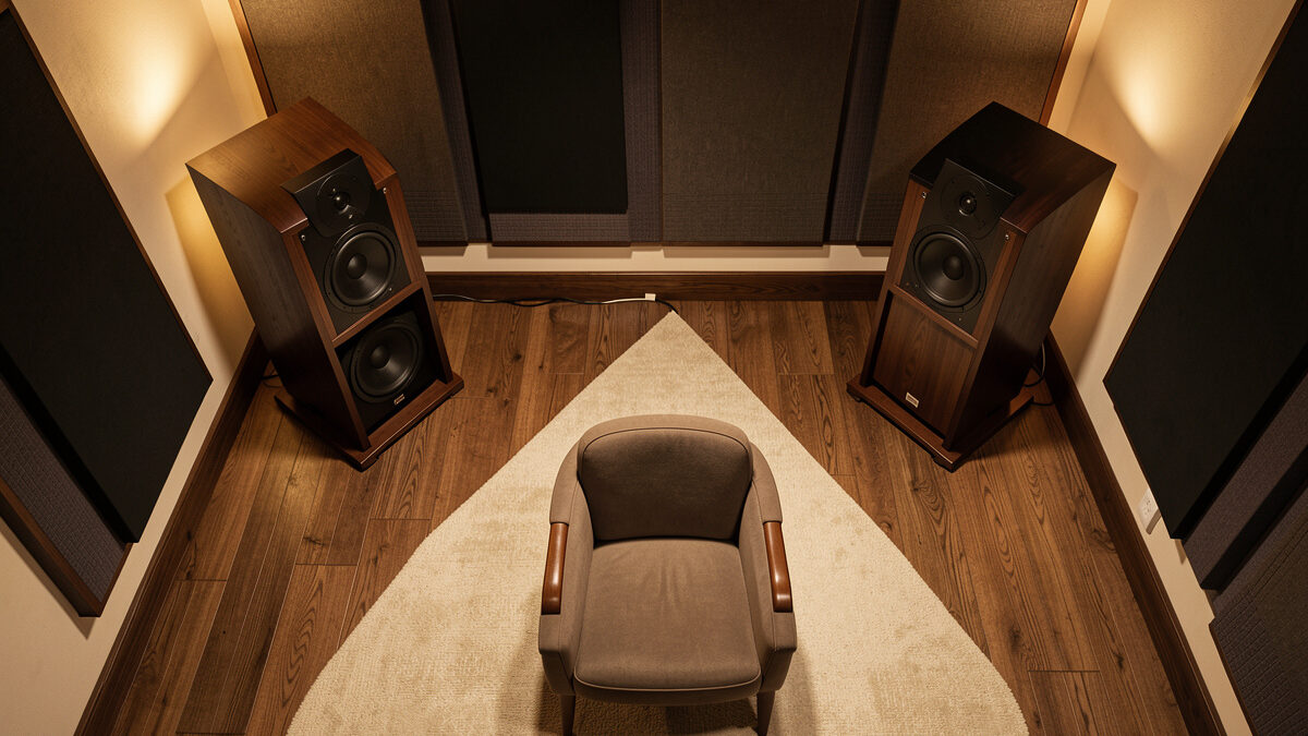 Overhead view of speaker placement triangle in a vinyl listening room
