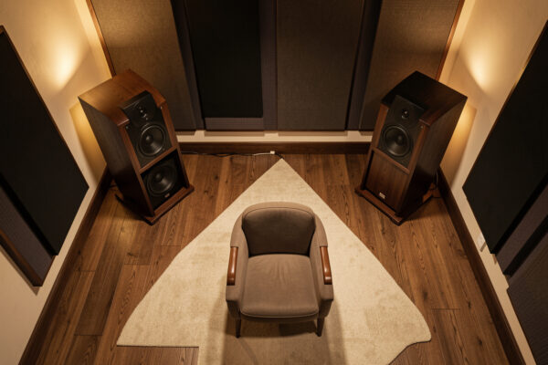 Overhead view of speaker placement triangle in a vinyl listening room