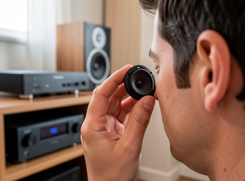 Listener at ear height with a bookshelf speaker tweeter, adjusting toe-in angle