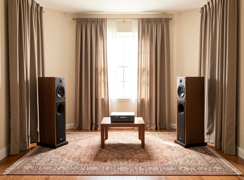 Rug and curtains in a furnished listening room treating first reflections around the speakers