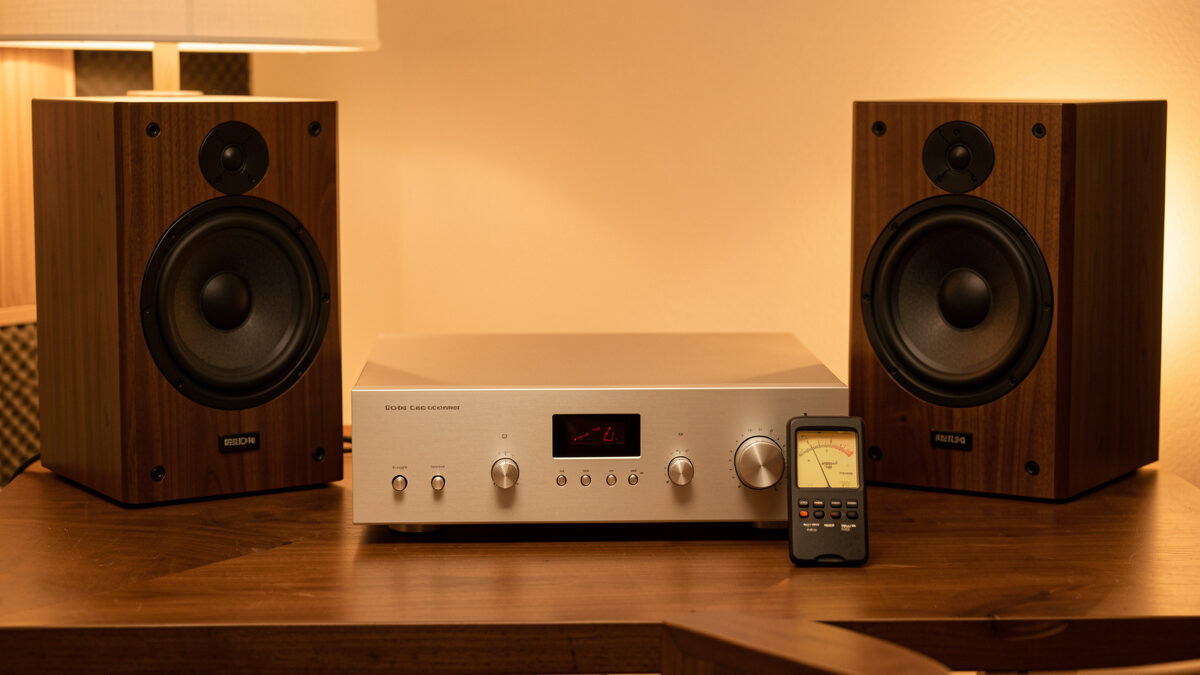Amplifier and bookshelf speakers with a sound level meter for sensitivity matching