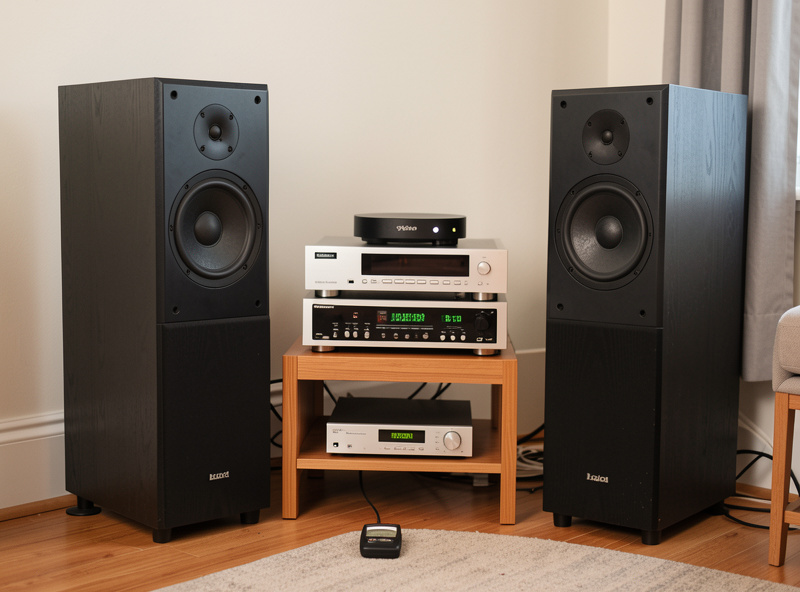 Integrated amplifier and bookshelf speakers with a sound level meter in a listening room