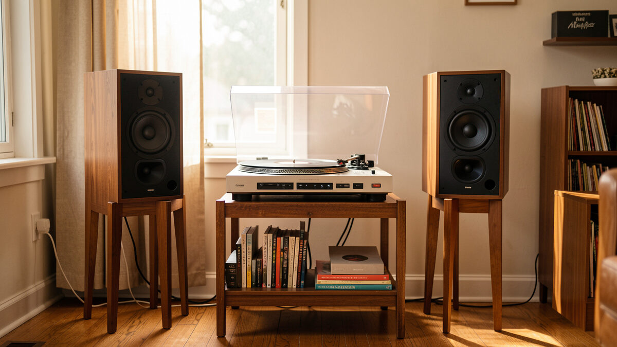 Vinyl listening room with a turntable flanked by bookshelf speakers on stands