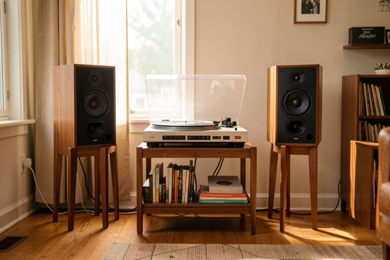 Vinyl listening room with a turntable flanked by bookshelf speakers on stands
