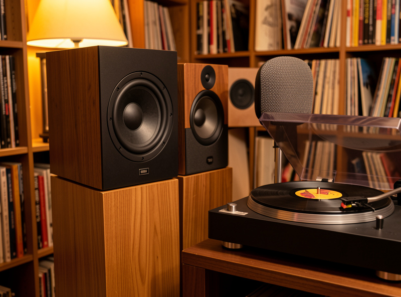Bookshelf speakers on stands flanking a turntable in a vinyl listening room