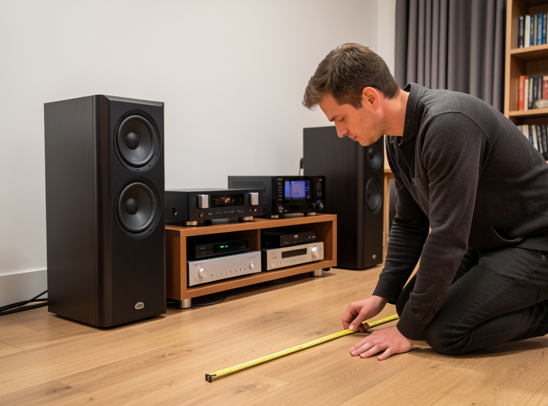 Listener adjusting speaker toe-in and distance from the front wall in a listening room