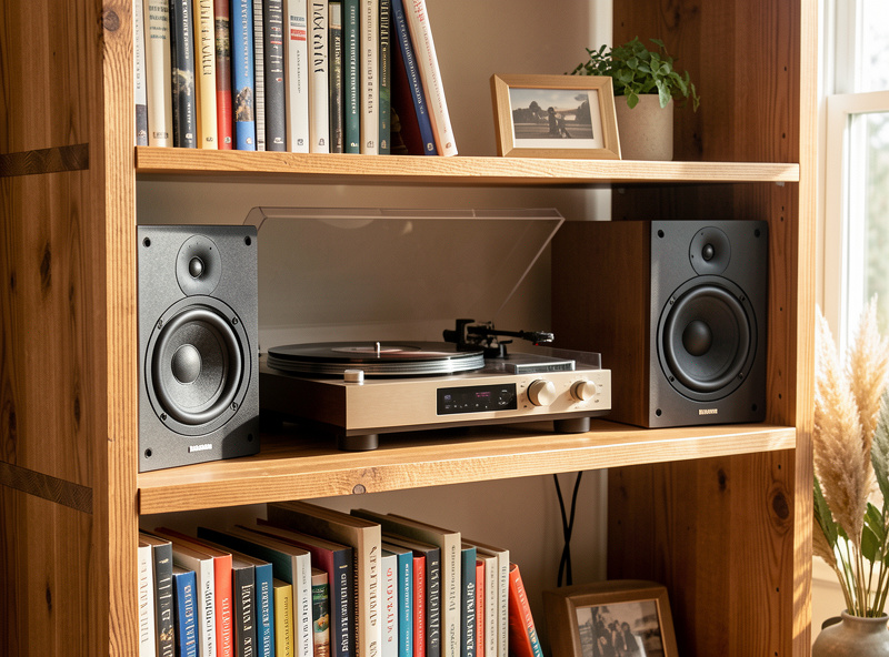 Budget bookshelf speaker setup with turntable and integrated amplifier on a wooden rack