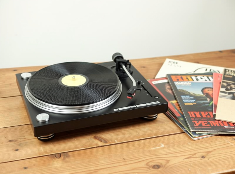 A beginner vinyl setup with an entry turntable, brush, and a few records on a shelf