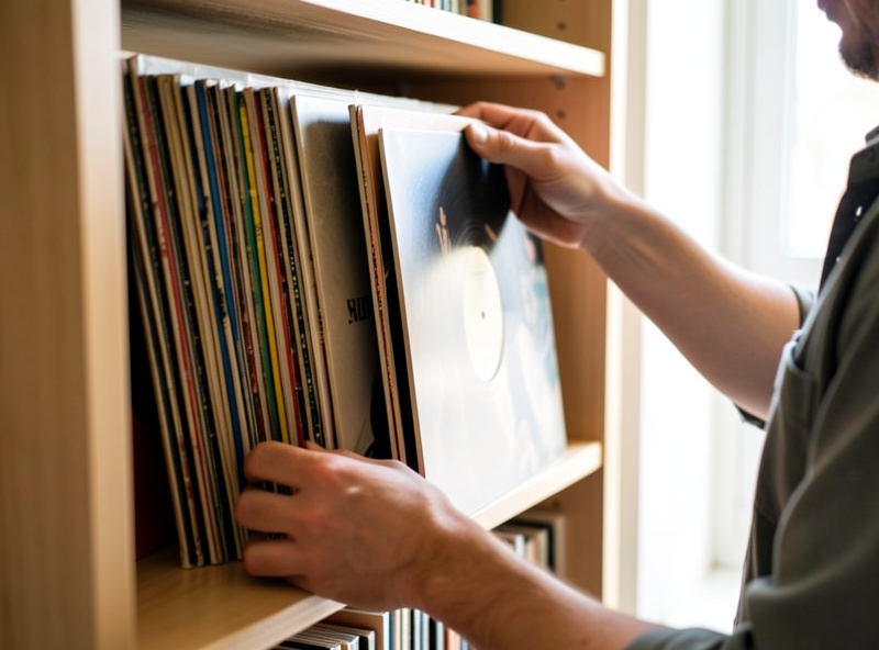 A beginner organizing their first vinyl records vertically on a shelf