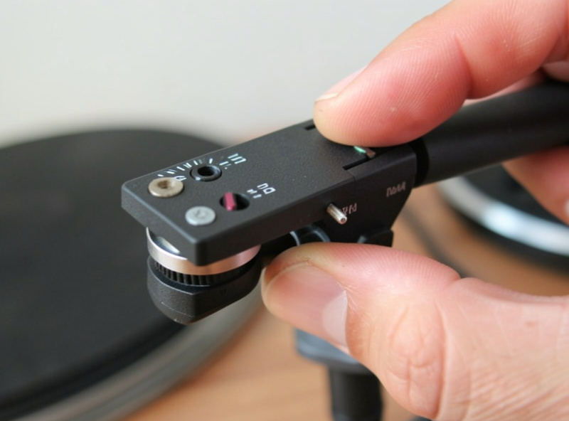 Tonearm counterweight and anti-skate dial on a turntable