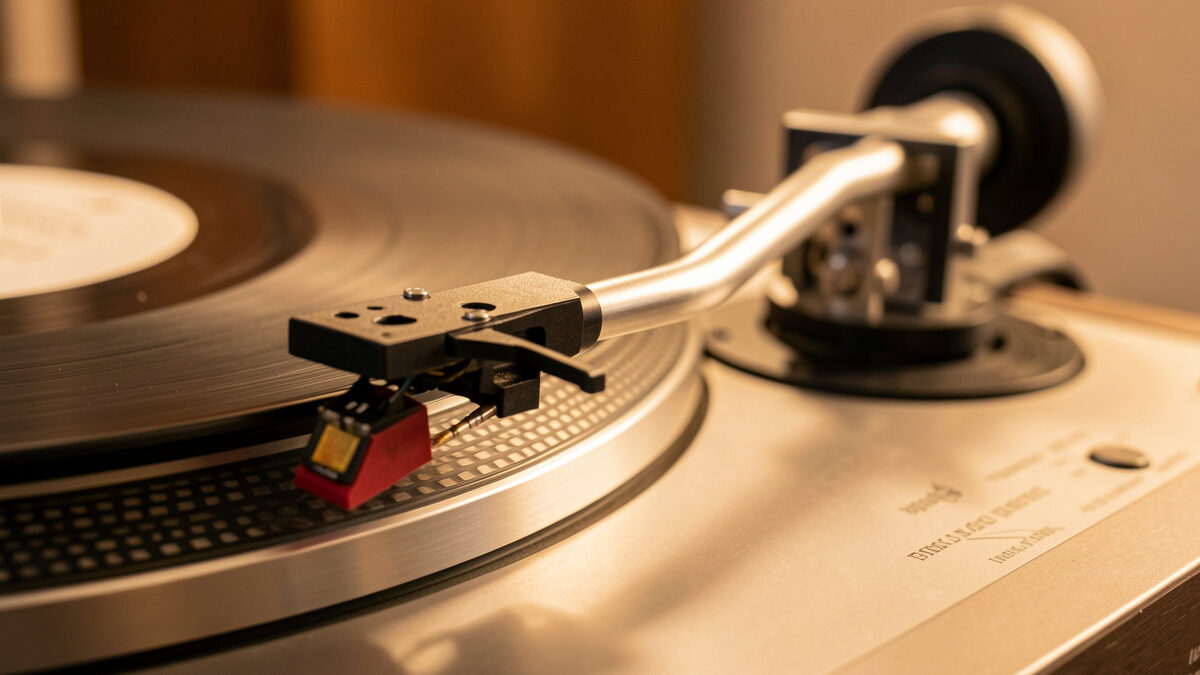 Turntable tonearm with headshell, mounted cartridge and rear counterweight