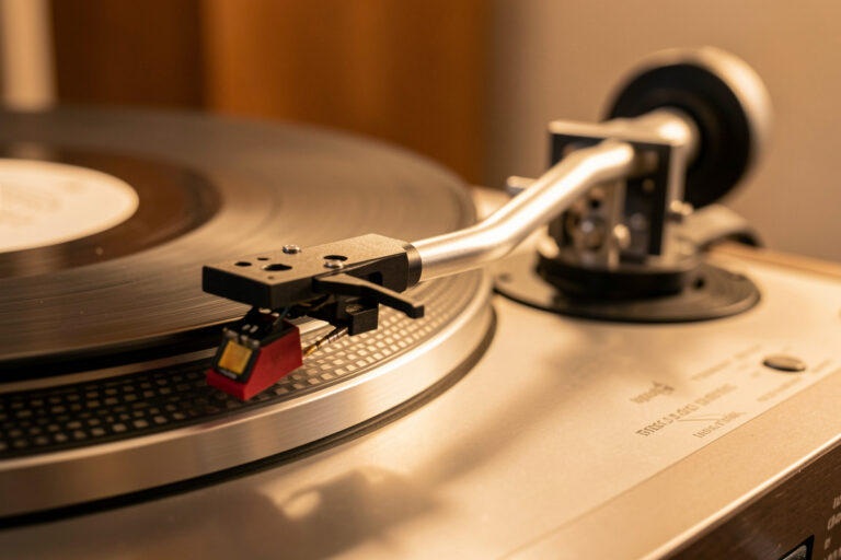 Turntable tonearm with headshell, mounted cartridge and rear counterweight