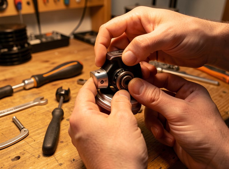 Hands swapping a headshell on a removable bayonet-collar tonearm with tools on the bench