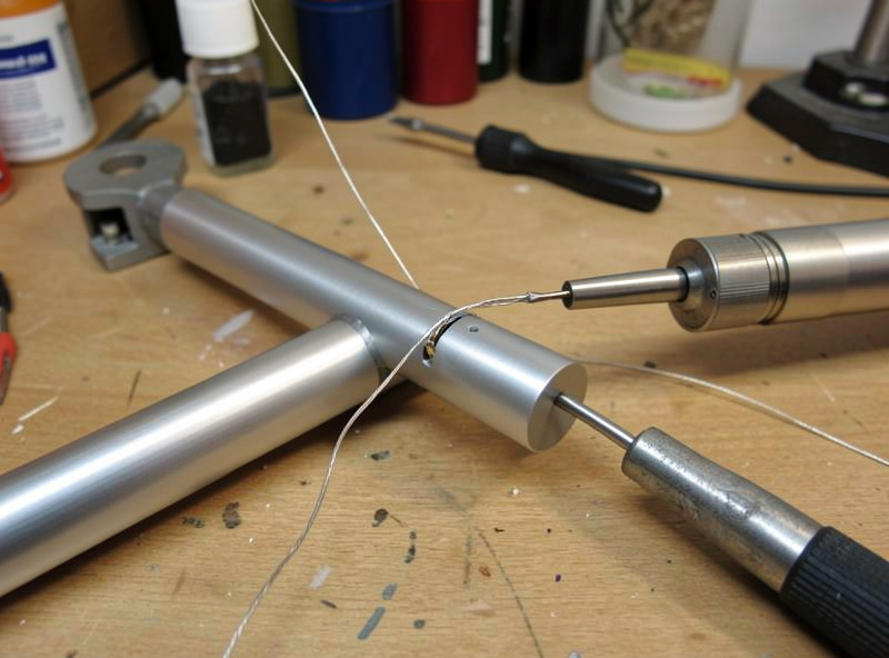 Internal tonearm rewire with fine litz wire threaded through an aluminum arm tube on a workbench