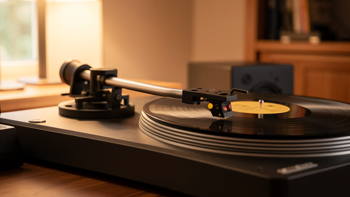 Turntable tonearm base with the anti-skate mechanism in focus and a record on the platter