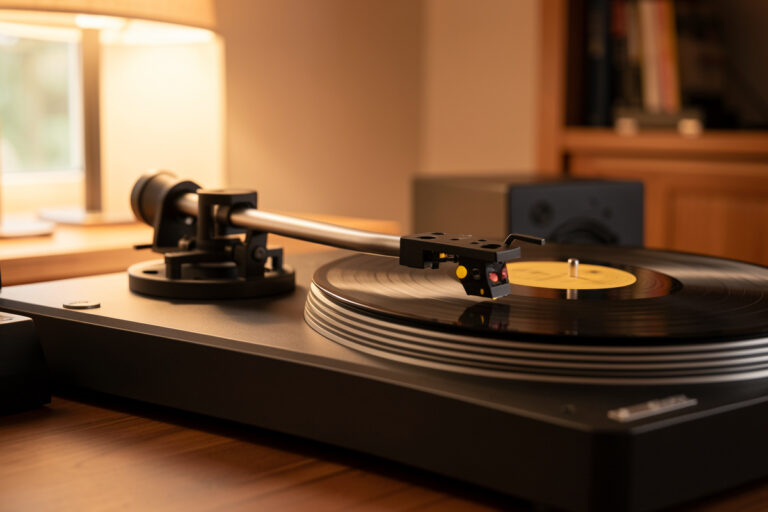 Turntable tonearm base with the anti-skate mechanism in focus and a record on the platter