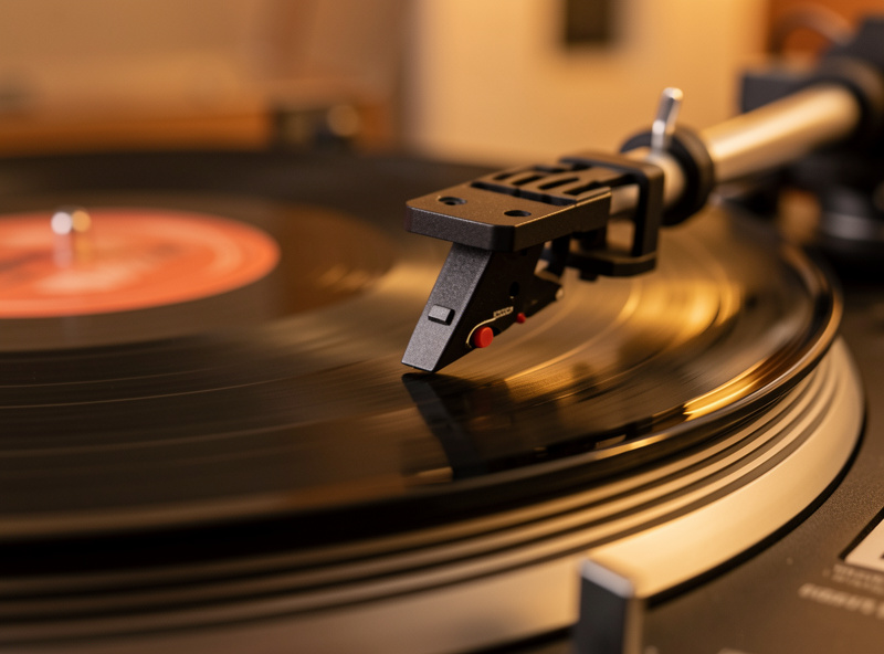 A turntable stylus lowered onto the smooth grooveless run-out area of a spinning record