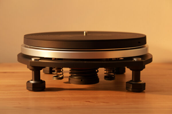 Turntable raised to show isolation feet and spring absorbers