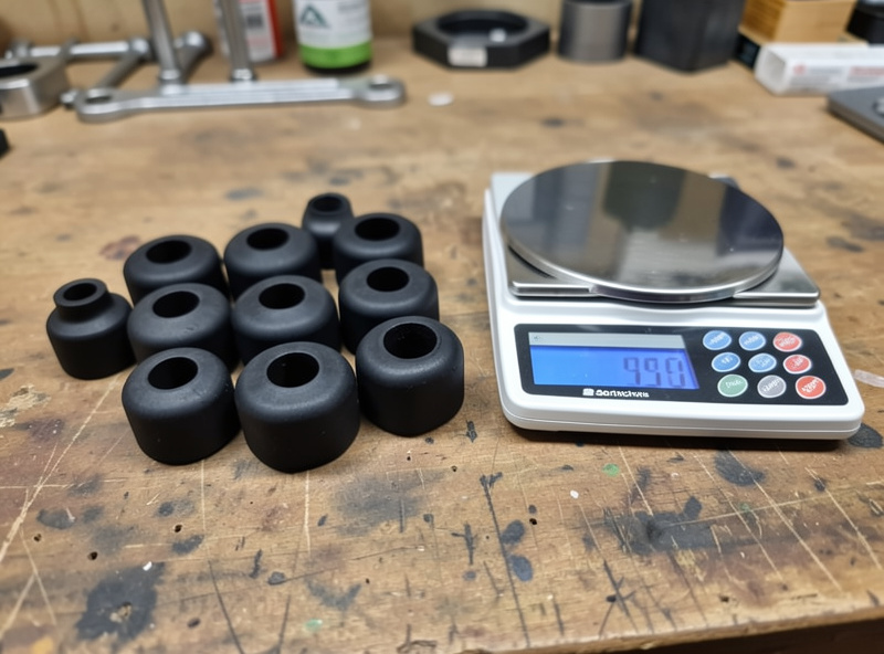 Set of sorbothane and elastomer isolation feet arranged for a turntable