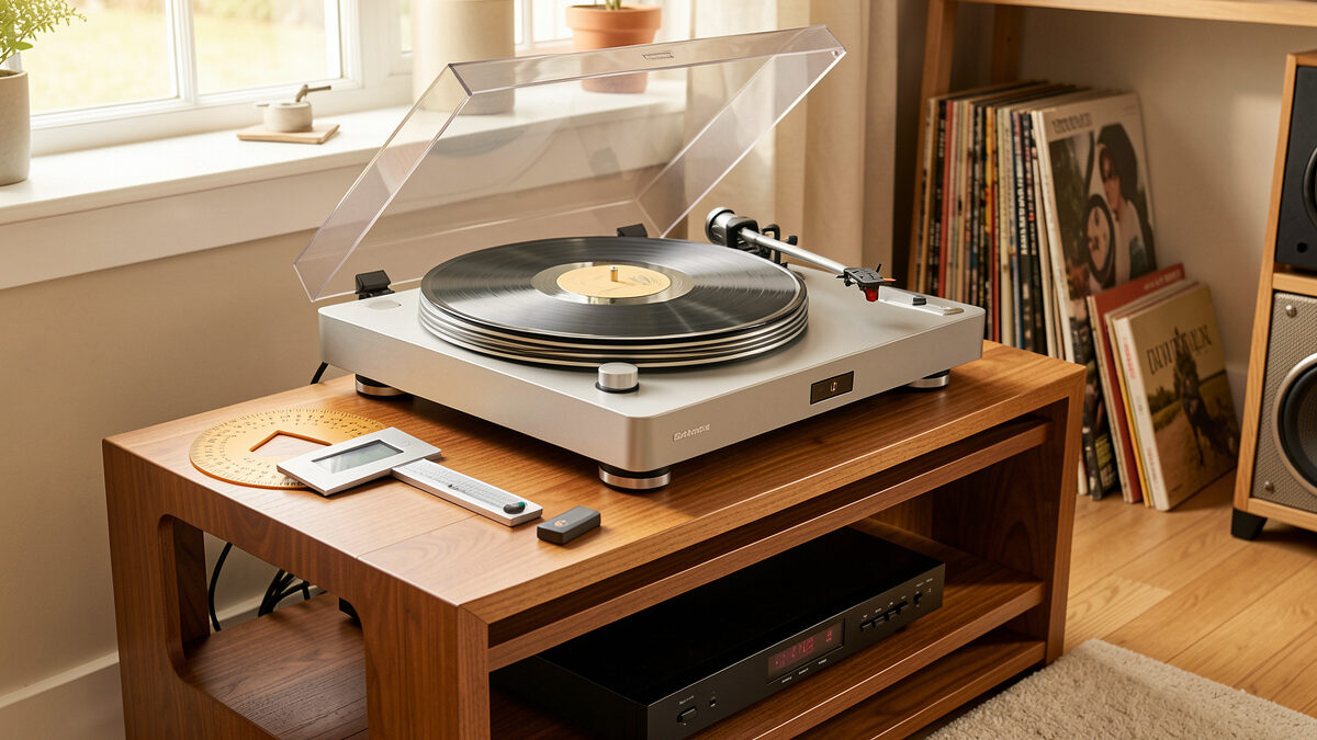 Turntable on a wooden rack with alignment protractor and stylus gauge in a home listening room