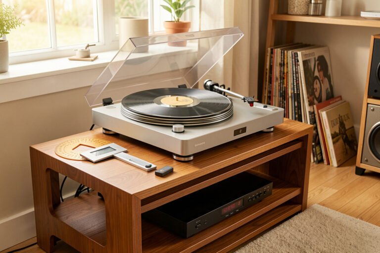 Turntable on a wooden rack with alignment protractor and stylus gauge in a home listening room
