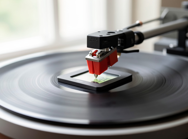 A digital stylus tracking-force gauge on a turntable platter with the cartridge lowered onto the weighing pad