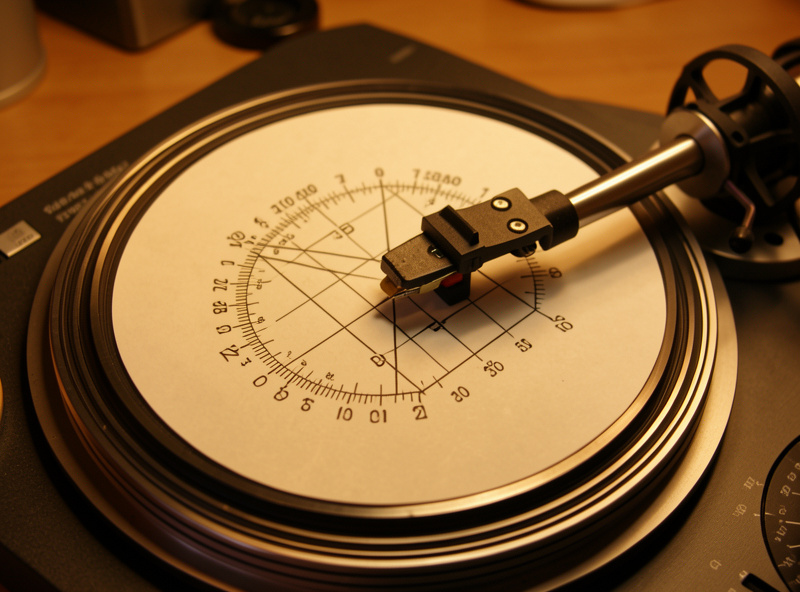 A two-point cartridge alignment protractor on a turntable platter with the stylus over the alignment grid