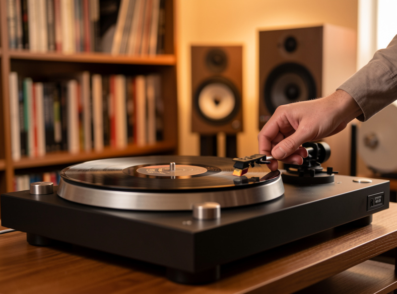 A hand adjusting the rear counterweight of a tonearm on a mid-tier turntable in a home listening room