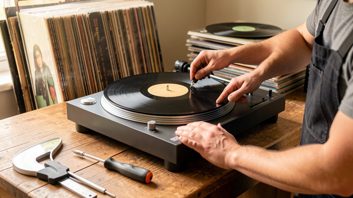 A beginner setting up a new belt-drive turntable on a desk with tools nearby