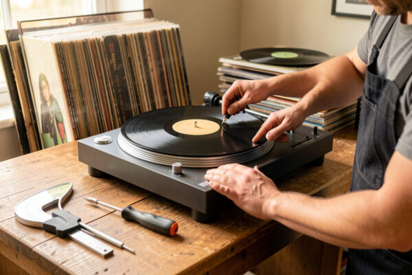 A beginner setting up a new belt-drive turntable on a desk with tools nearby