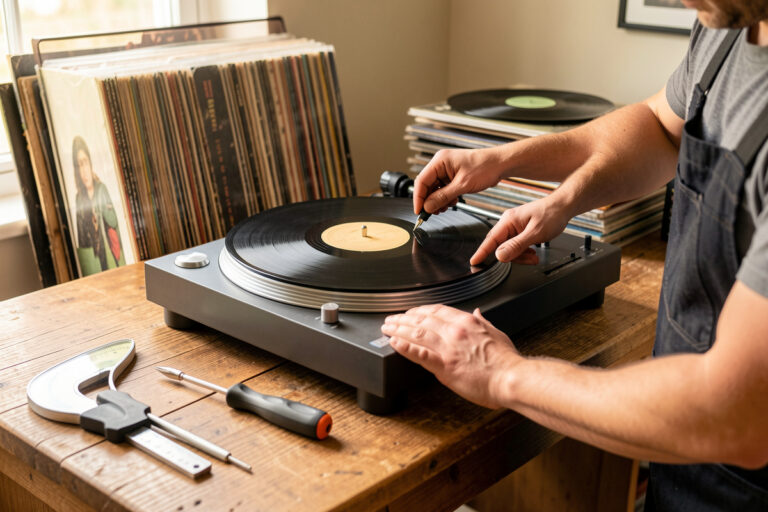 A beginner setting up a new belt-drive turntable on a desk with tools nearby