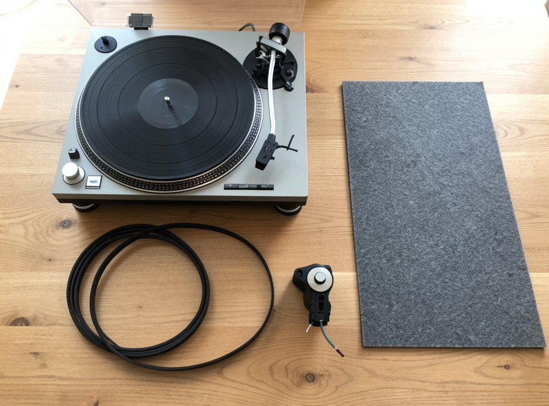 A newly unboxed turntable with platter, drive belt, slipmat, counterweight and headshell laid out on a table