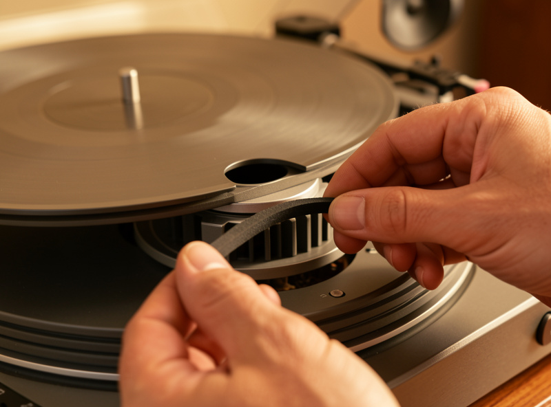 Hands fitting a thin rubber drive belt around the motor pulley of a belt-drive turntable