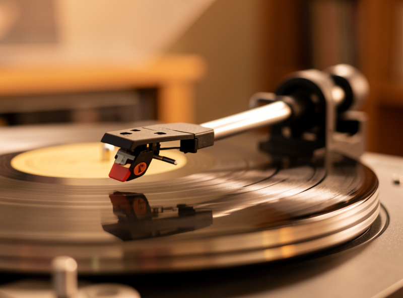 A turntable tonearm floating level over the platter as the counterweight is balanced