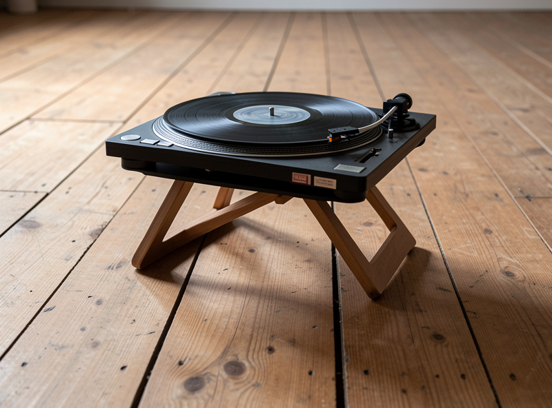 Turntable on a rack on a wooden floor with footsteps nearby