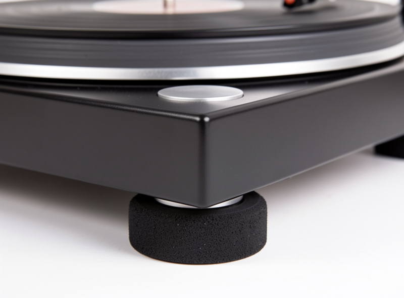 Sorbothane isolation feet placed under a turntable plinth