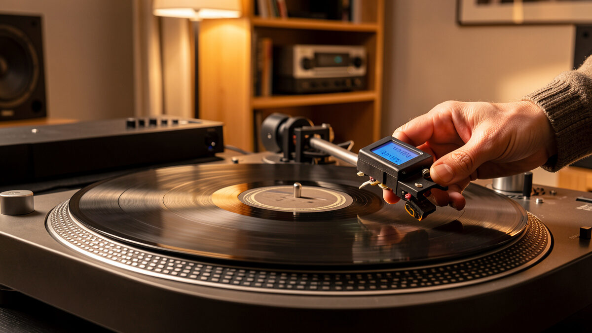 Turntable tonearm and counterweight with a digital stylus force gauge on the platter