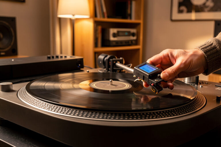 Turntable tonearm and counterweight with a digital stylus force gauge on the platter