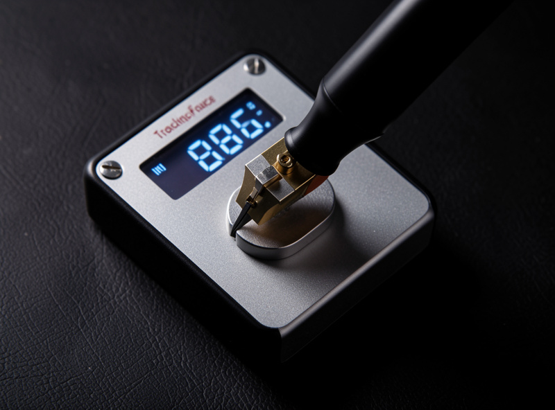 A digital stylus tracking-force gauge displaying a reading with a cartridge stylus on the pad