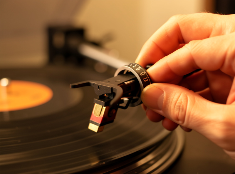Fingers rotating the numbered counterweight ring at the rear of a turntable tonearm